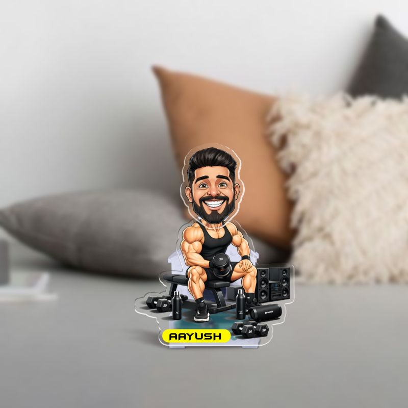 Personalized Gym Workout Bobblehead Caricature Custom with Face Cutout & Name, Fitness Theme Home Decor Tabletop Gift for Gym Lover Battery Powered with Moving Head